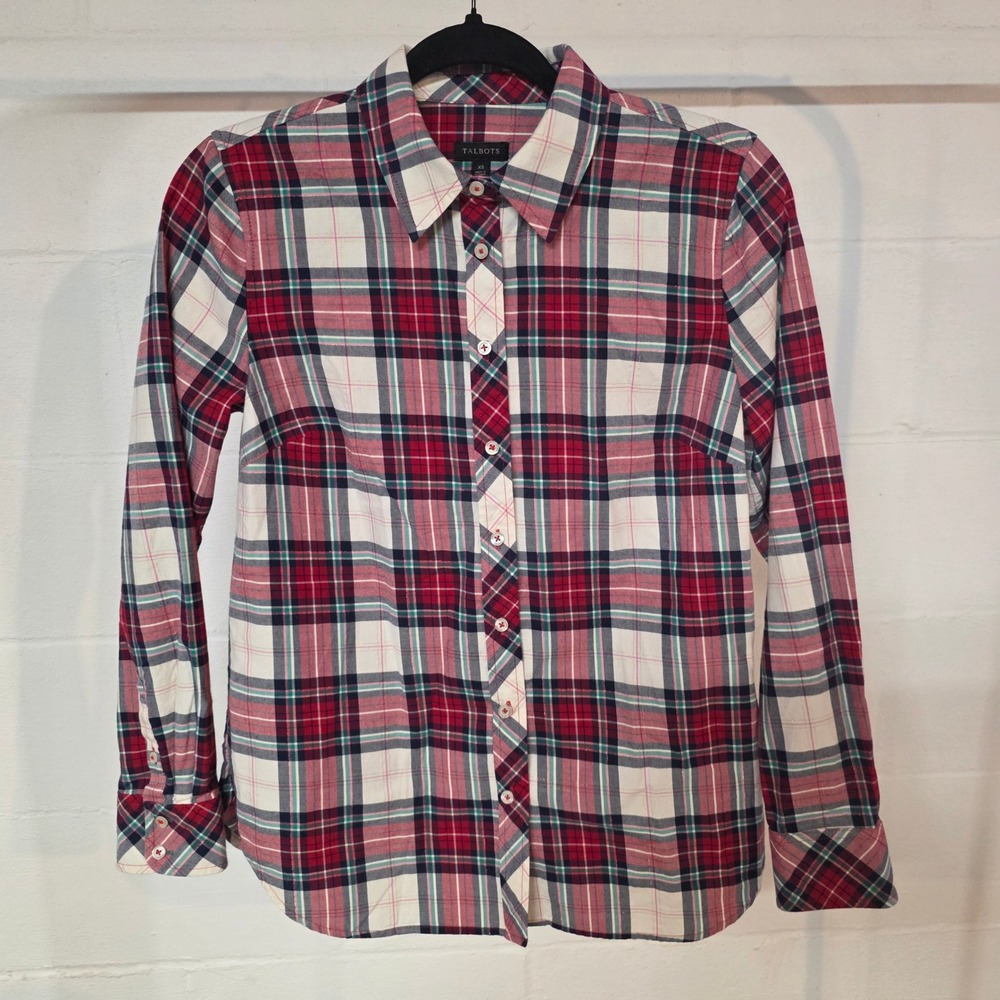 Talbots Women XS Plaid Button Up Shirt Long Sleeve Red Green Cream Gold Holiday‎